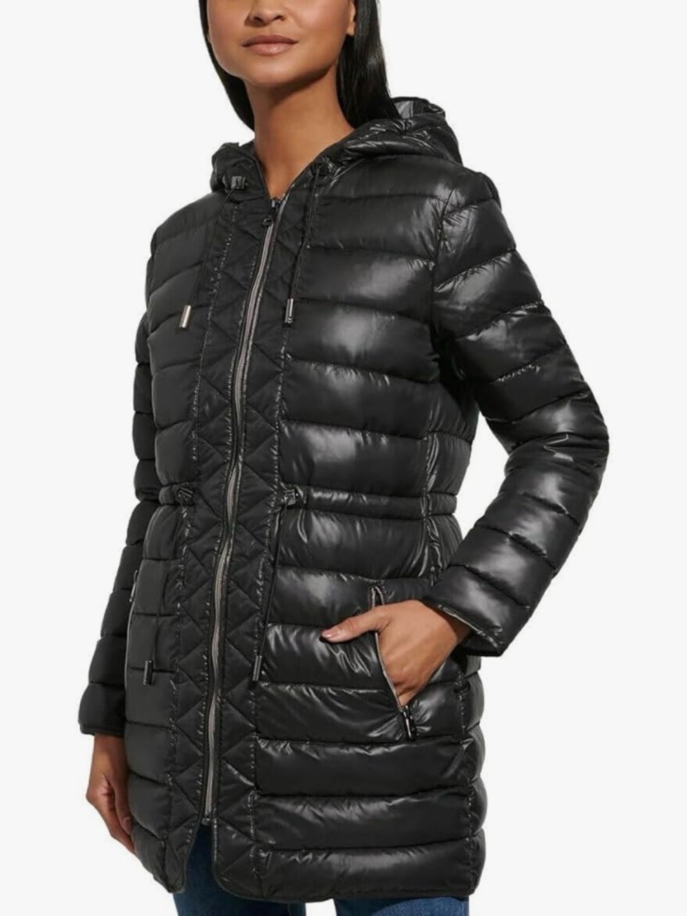 Kenneth Cole Black Quilted Hooded Long Puffer Coat